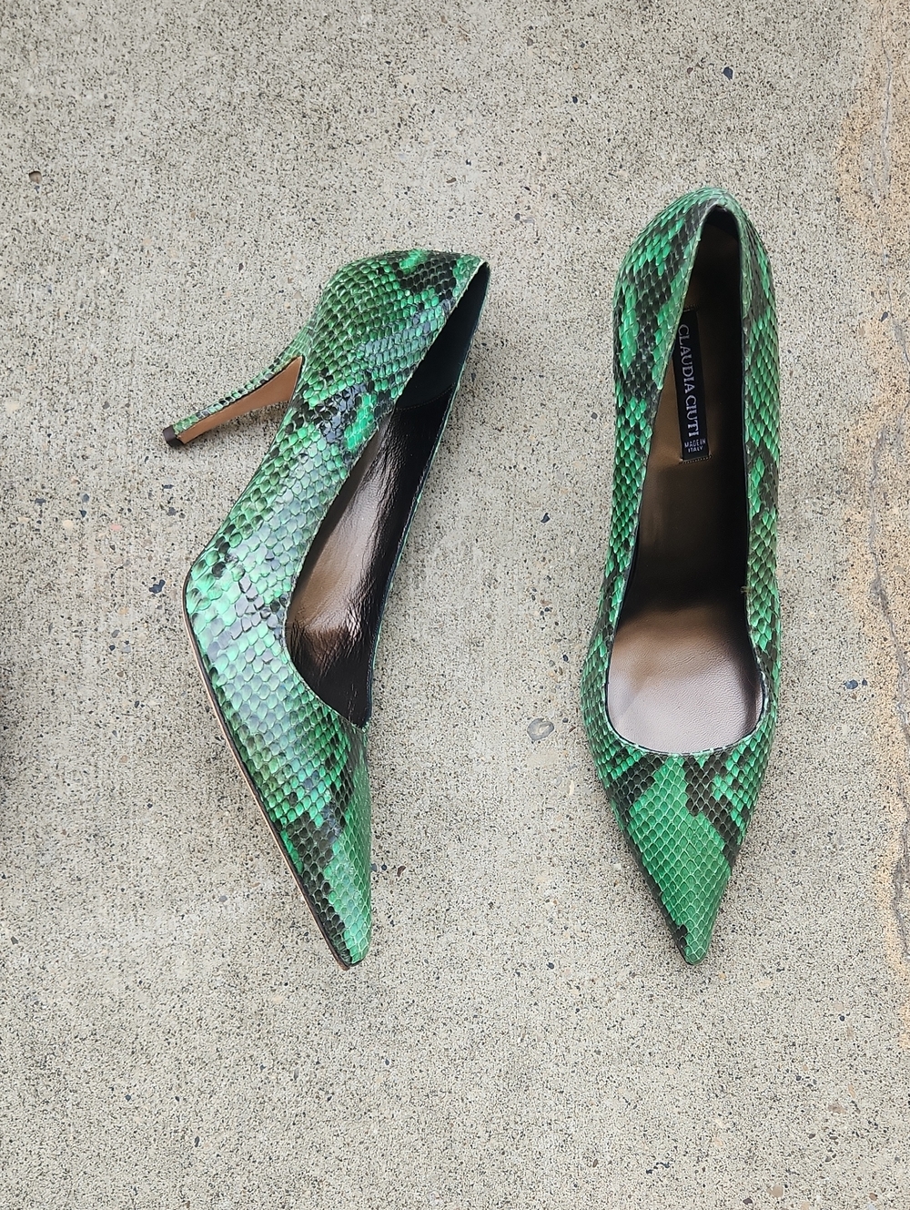 Claudia Ciuti Green Snakeskin Pointed Toe Pumps